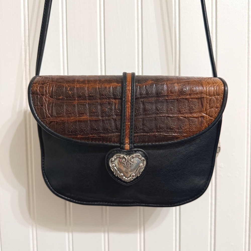 Brighton One World VTG Filigree Heart Croc Leather Crossbody Bag,Black Brown